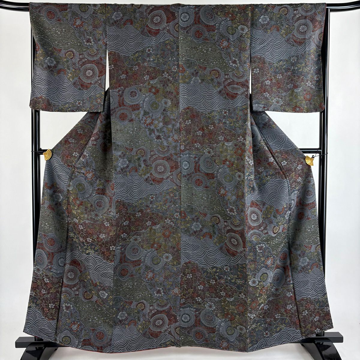 小紋 身長160cm 袖長67.5cm L 雙層 草花紋紋 波紋意匠 灰綠 純蠶絲 名品級
