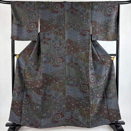 小紋 身長160cm 袖長67.5cm L 雙層 草花紋紋 波紋意匠 灰綠 純蠶絲 名品級