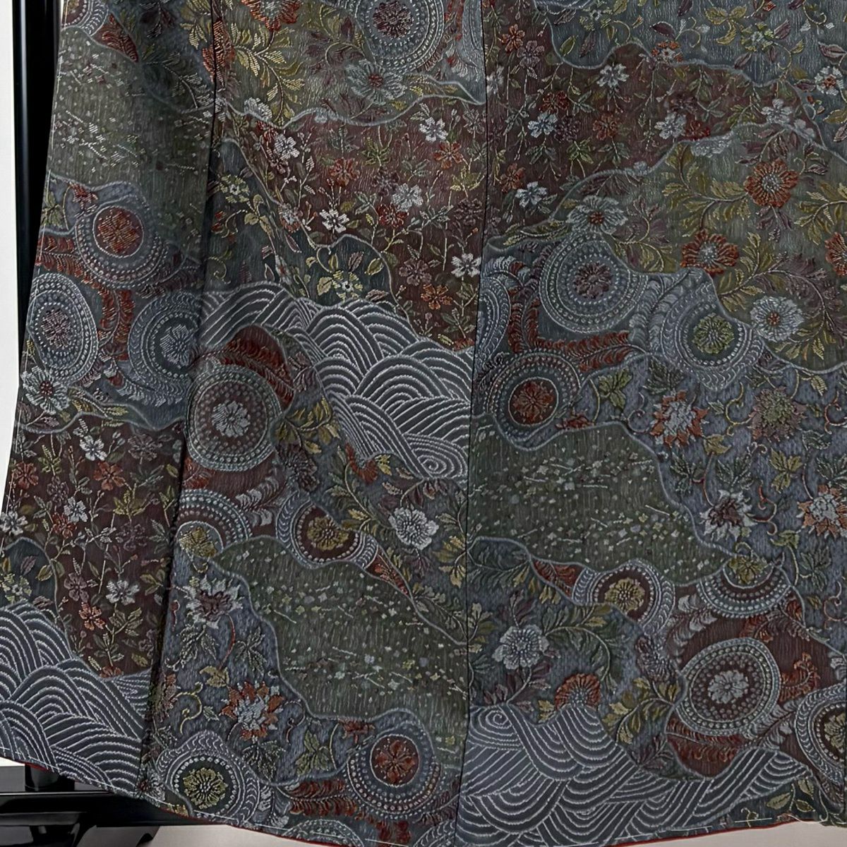 小紋 身長160cm 袖長67.5cm L 雙層 草花紋紋 波紋意匠 灰綠 純蠶絲 名品級