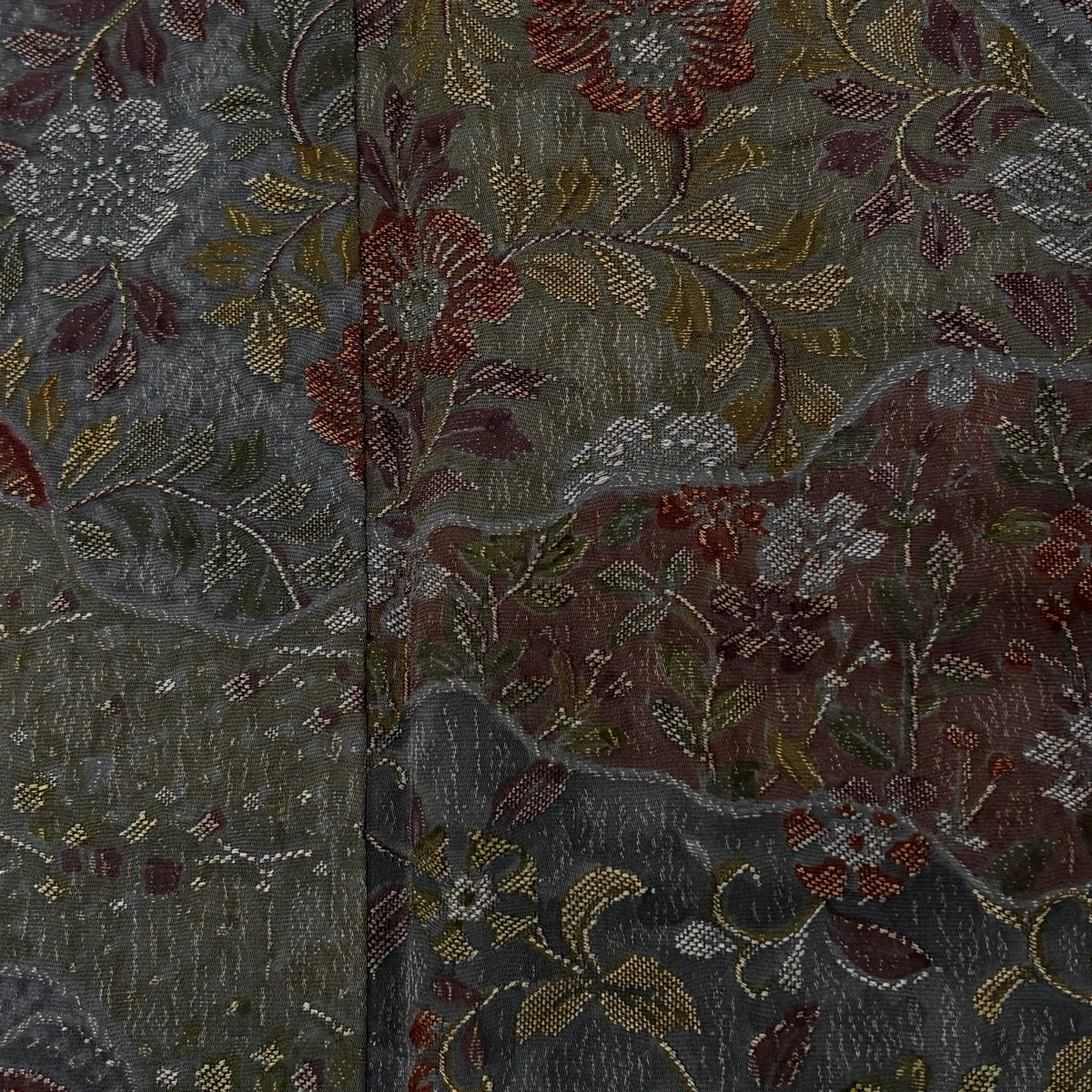 小紋 身長160cm 袖長67.5cm L 雙層 草花紋紋 波紋意匠 灰綠 純蠶絲 名品級
