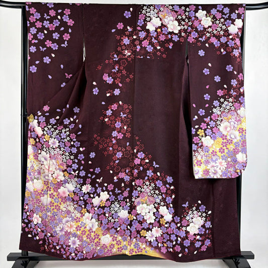 【美品】振袖禮服 身長159cm 袖長67.5cm L 雙層 草花紋紋 花瓣 銀彩 染分 茶紫 純蠶絲 名品級