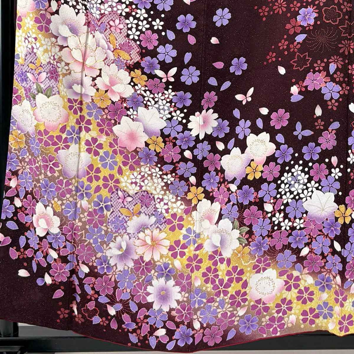【美品】振袖禮服 身長159cm 袖長67.5cm L 雙層 草花紋紋 花瓣 銀彩 染分 茶紫 純蠶絲 名品級