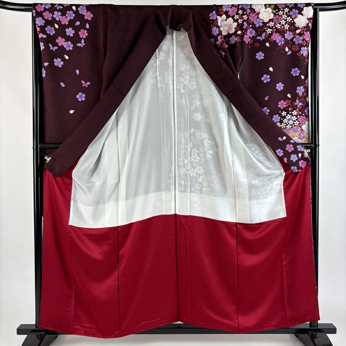 【美品】振袖禮服 身長159cm 袖長67.5cm L 雙層 草花紋紋 花瓣 銀彩 染分 茶紫 純蠶絲 名品級