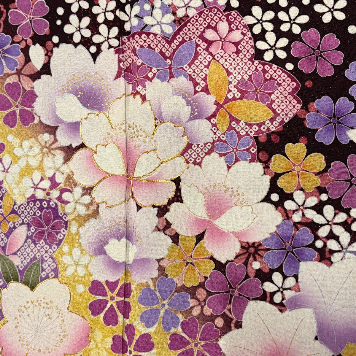 【美品】振袖禮服 身長159cm 袖長67.5cm L 雙層 草花紋紋 花瓣 銀彩 染分 茶紫 純蠶絲 名品級