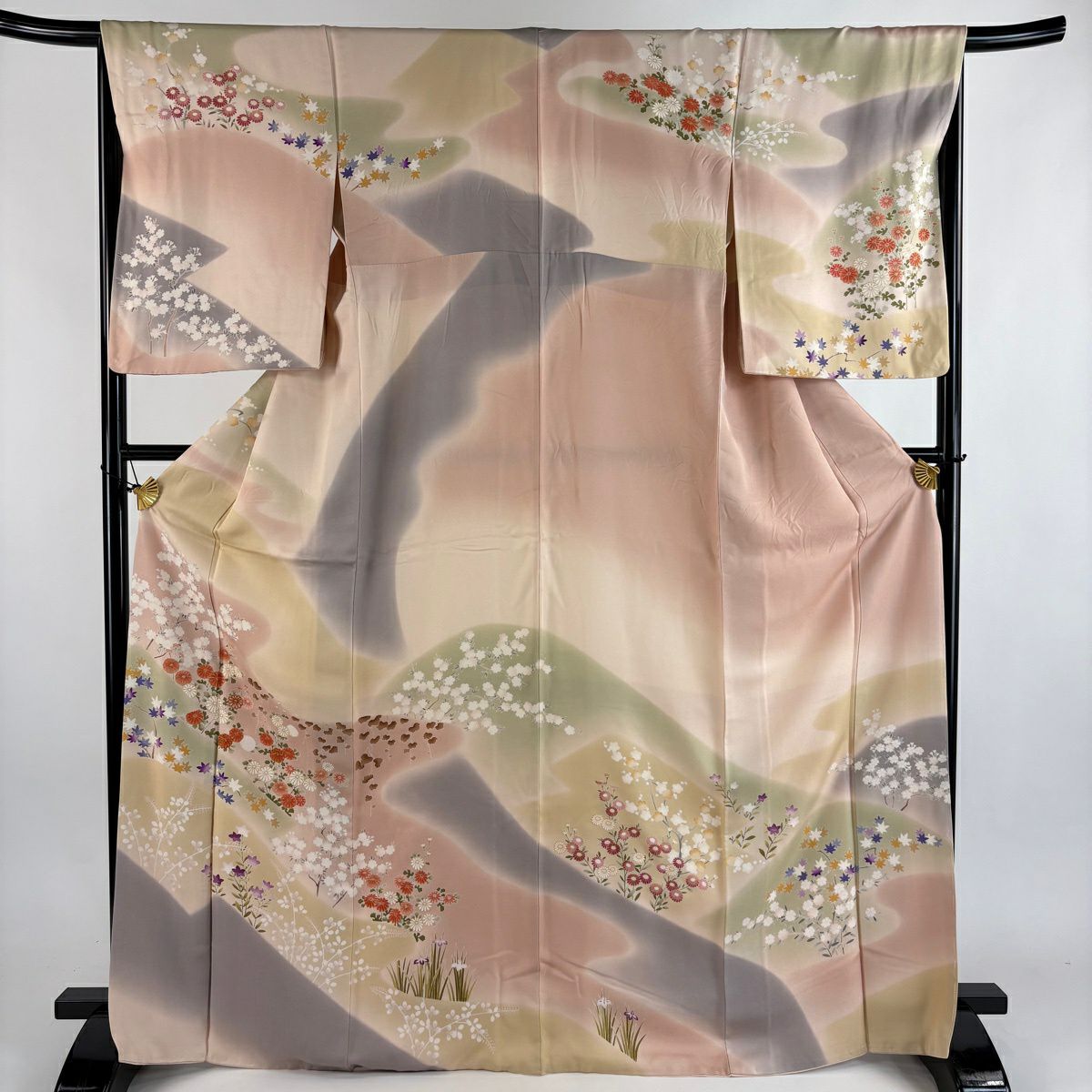 訪問服 身長169cm 袖長68cm L 雙層 秋草 霞 金銀彩 金絲 淺粉色 純蠶絲 名品級