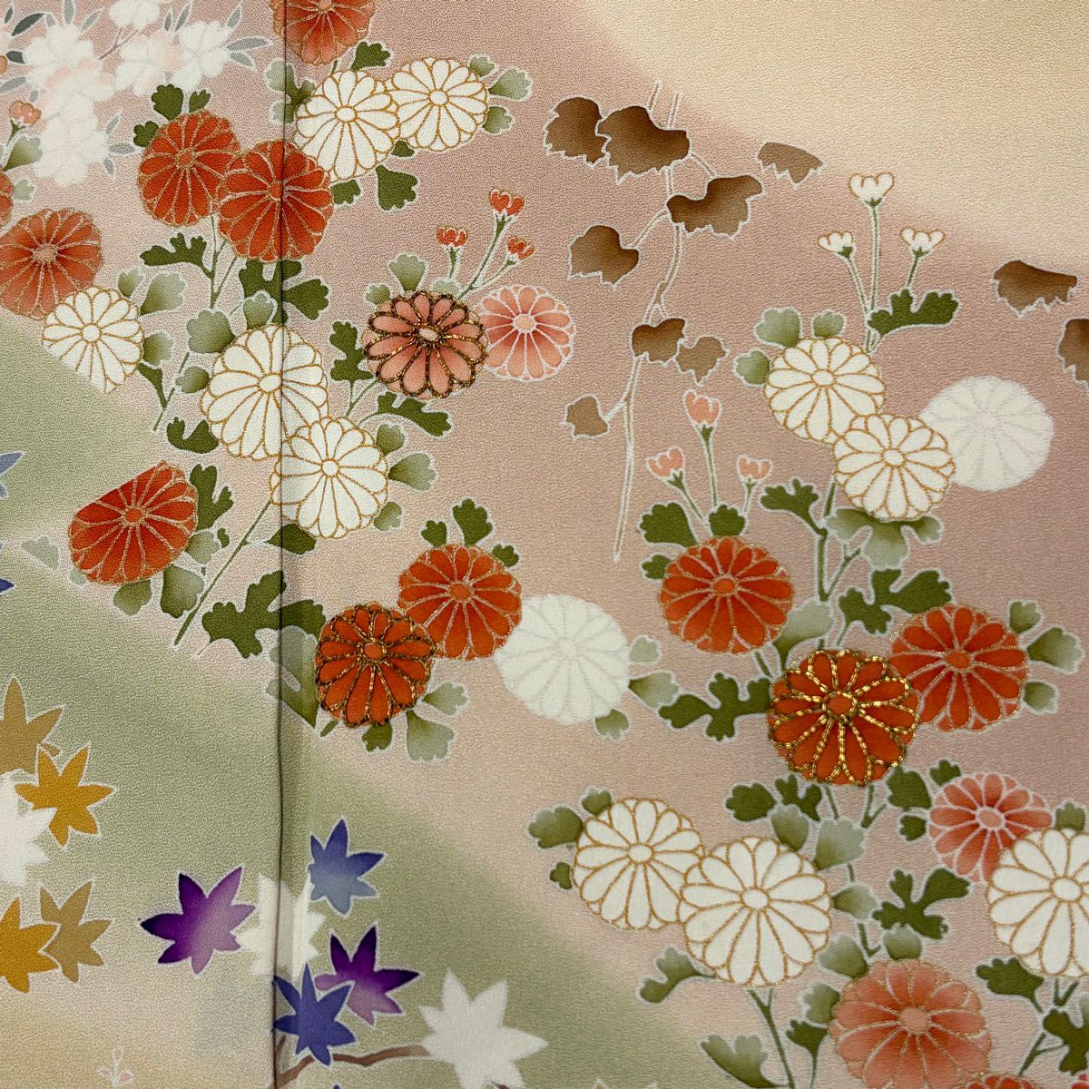 訪問服 身長169cm 袖長68cm L 雙層 秋草 霞 金銀彩 金絲 淺粉色 純蠶絲 名品級