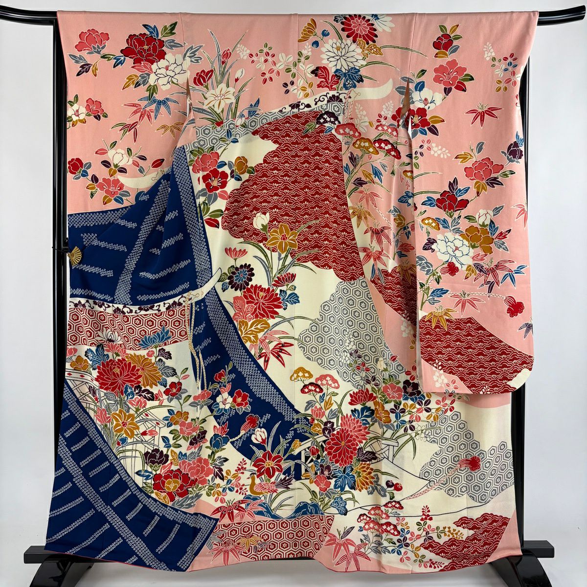 振袖禮服 身長160cm 袖長68.5cm L 雙層 幾帳 草花紋紋 絞染 深藍 純蠶絲 名品級