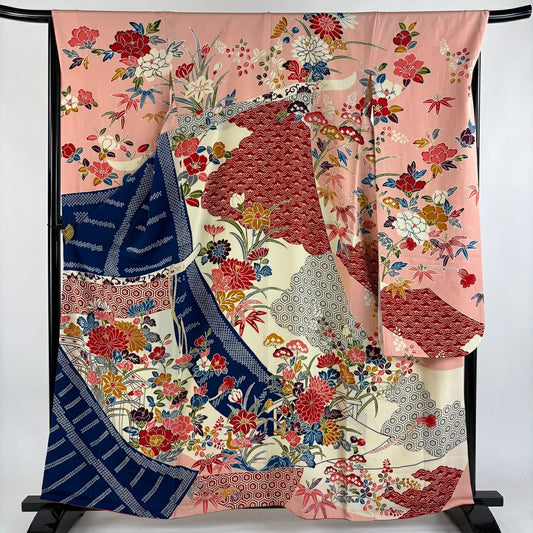 振袖禮服 身長160cm 袖長68.5cm L 雙層 幾帳 草花紋紋 絞染 深藍 純蠶絲 名品級