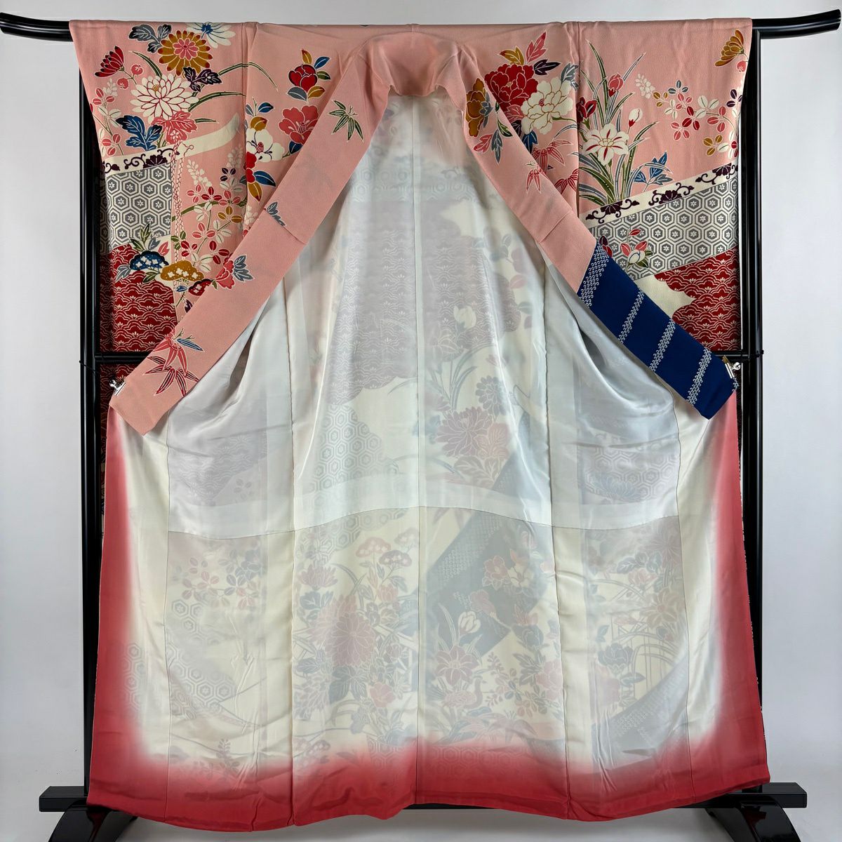 振袖禮服 身長160cm 袖長68.5cm L 雙層 幾帳 草花紋紋 絞染 深藍 純蠶絲 名品級