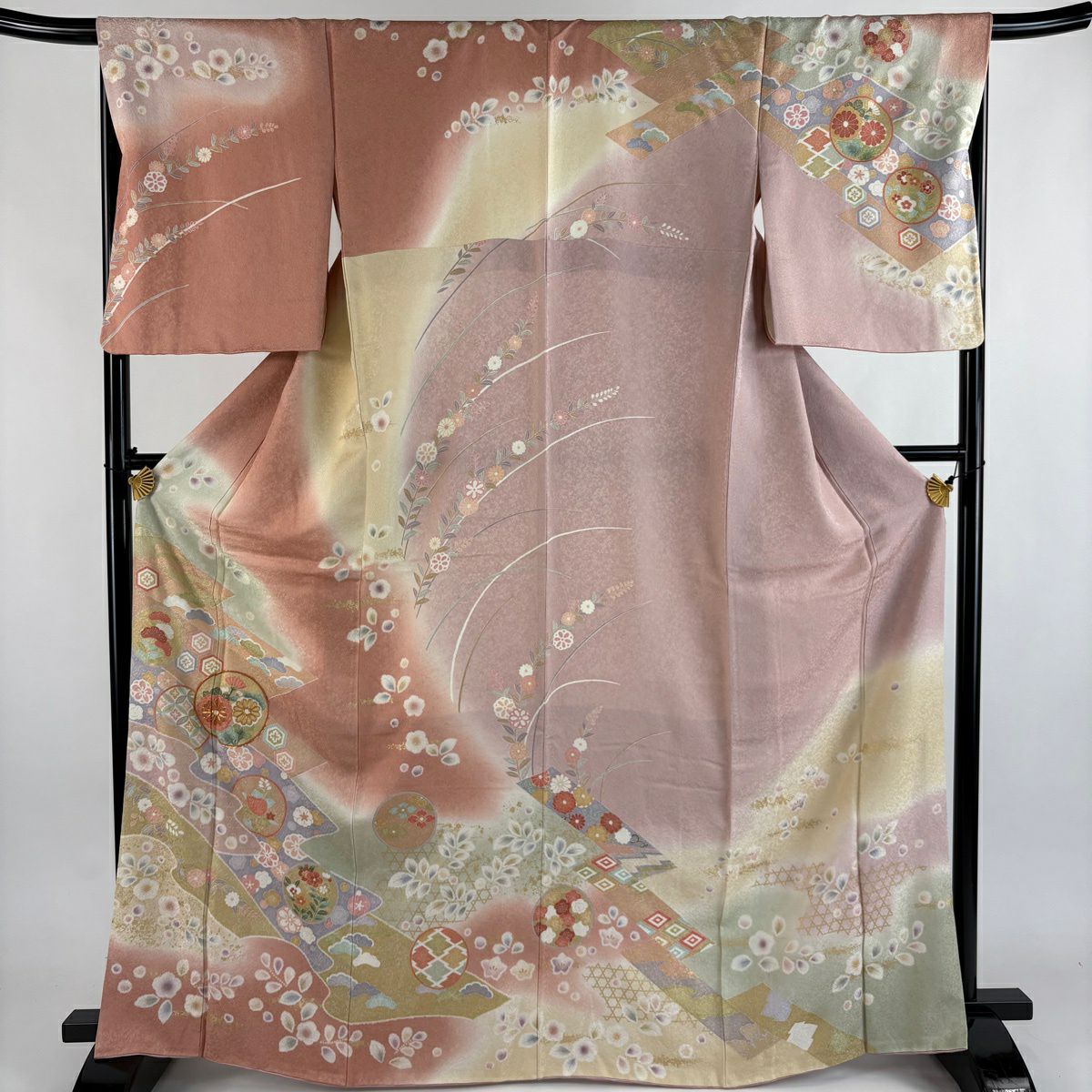 【美品】訪問服 身長167.5cm 袖長68cm L 雙層 圓文 草花紋紋 金絲 金銀彩 粉紅 純蠶絲 名品級