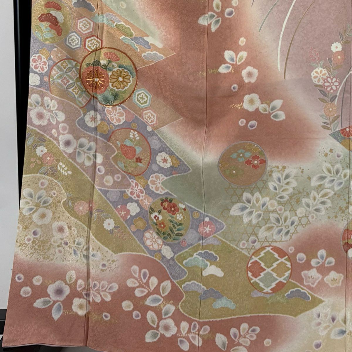 【美品】訪問服 身長167.5cm 袖長68cm L 雙層 圓文 草花紋紋 金絲 金銀彩 粉紅 純蠶絲 名品級