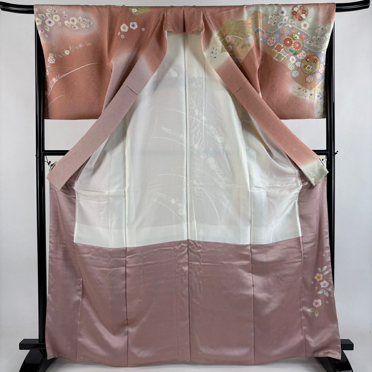 【美品】訪問服 身長167.5cm 袖長68cm L 雙層 圓文 草花紋紋 金絲 金銀彩 粉紅 純蠶絲 名品級