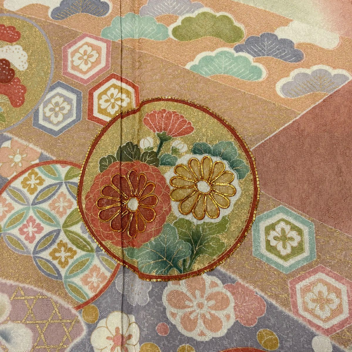 【美品】訪問服 身長167.5cm 袖長68cm L 雙層 圓文 草花紋紋 金絲 金銀彩 粉紅 純蠶絲 名品級