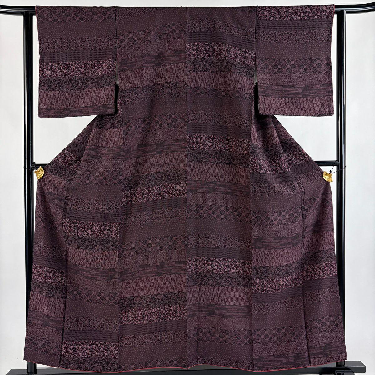 【美品】 小紋 身長156cm 袖長62.5cm S 雙層 草花紋紋 霞紅紫 純蠶絲 名品級