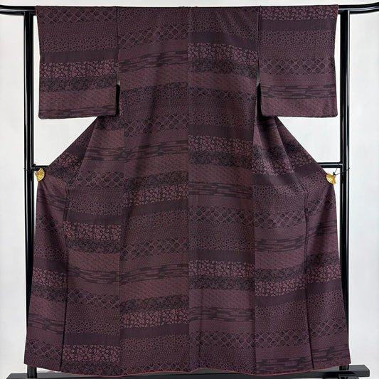 【美品】 小紋 身長156cm 袖長62.5cm S 雙層 草花紋紋 霞紅紫 純蠶絲 名品級