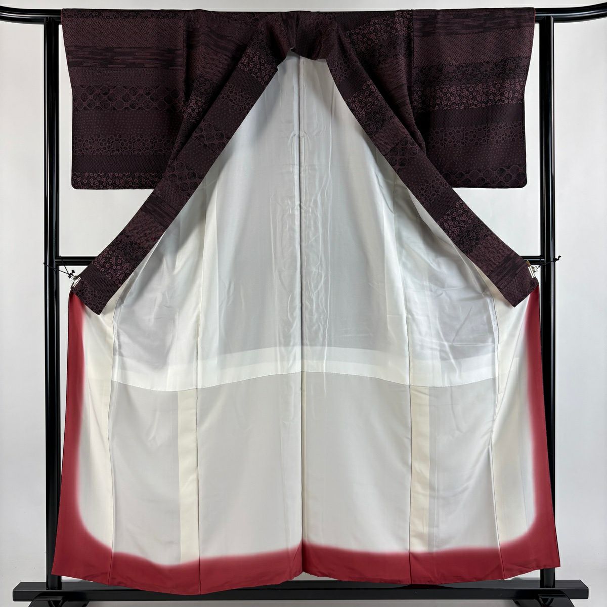 【美品】 小紋 身長156cm 袖長62.5cm S 雙層 草花紋紋 霞紅紫 純蠶絲 名品級
