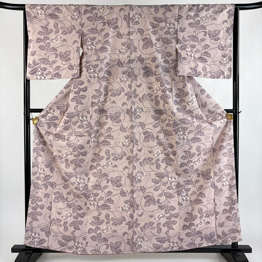 【美品】 小紋 身長161cm 袖長65.5cm M 雙層 川村久太郎 結城紬織地 落款あり 證書あり 葉與實 薄粉紅 純蠶絲 名品級