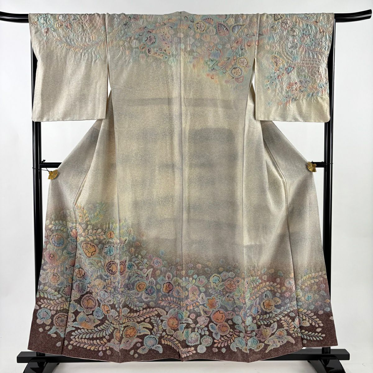 【美品】訪問服 身長157cm 袖長66.5cm M 雙層 辻花染 銀通し 漸層 灰茶 純蠶絲 名品級