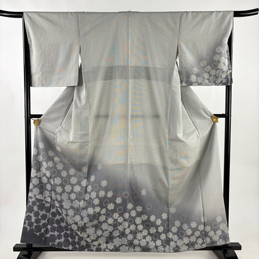 【美品】 付下 身長160cm 袖長66cm M 雙層 紬織織 雪輪 漸層 灰色 純蠶絲 名品級