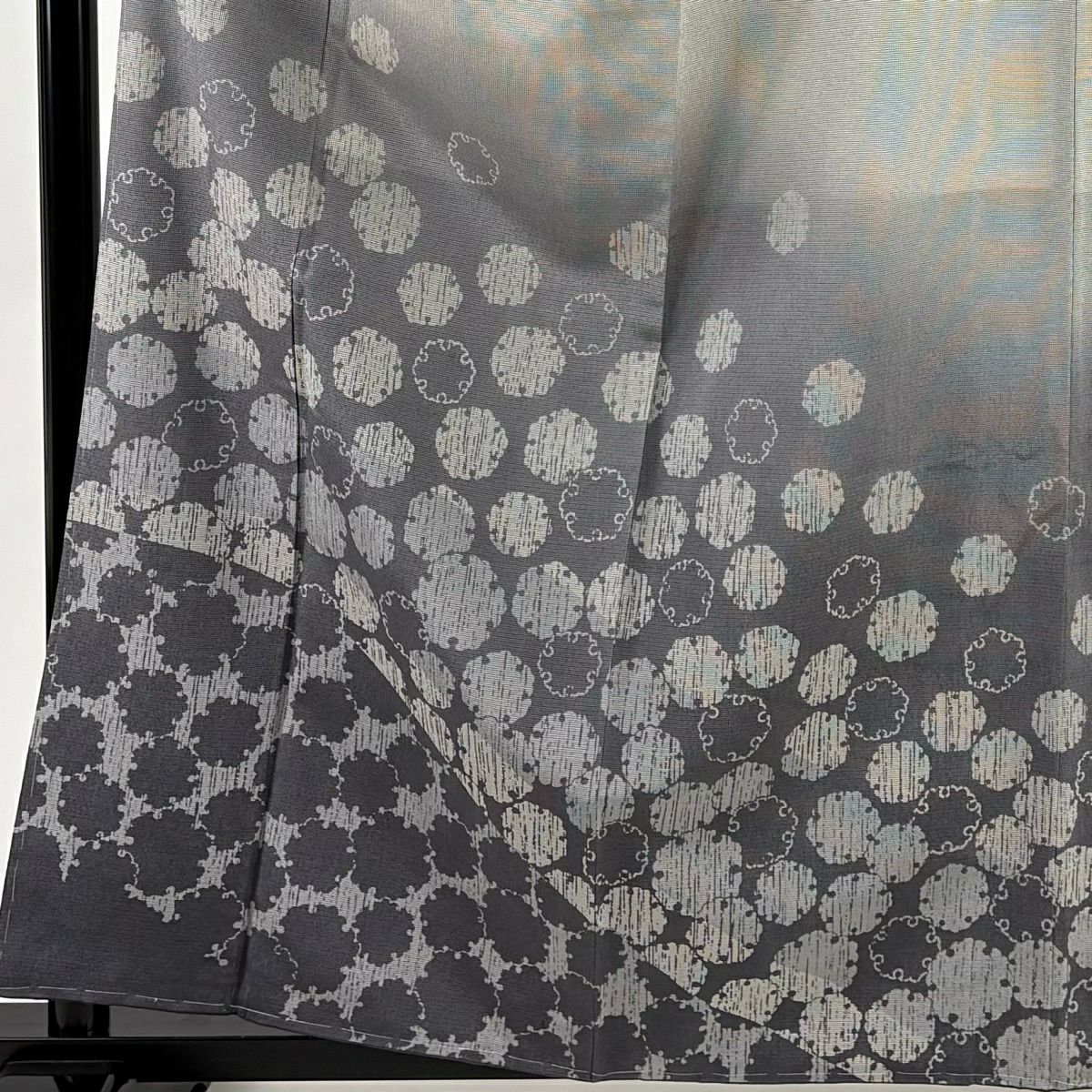 【美品】 付下 身長160cm 袖長66cm M 雙層 紬織織 雪輪 漸層 灰色 純蠶絲 名品級