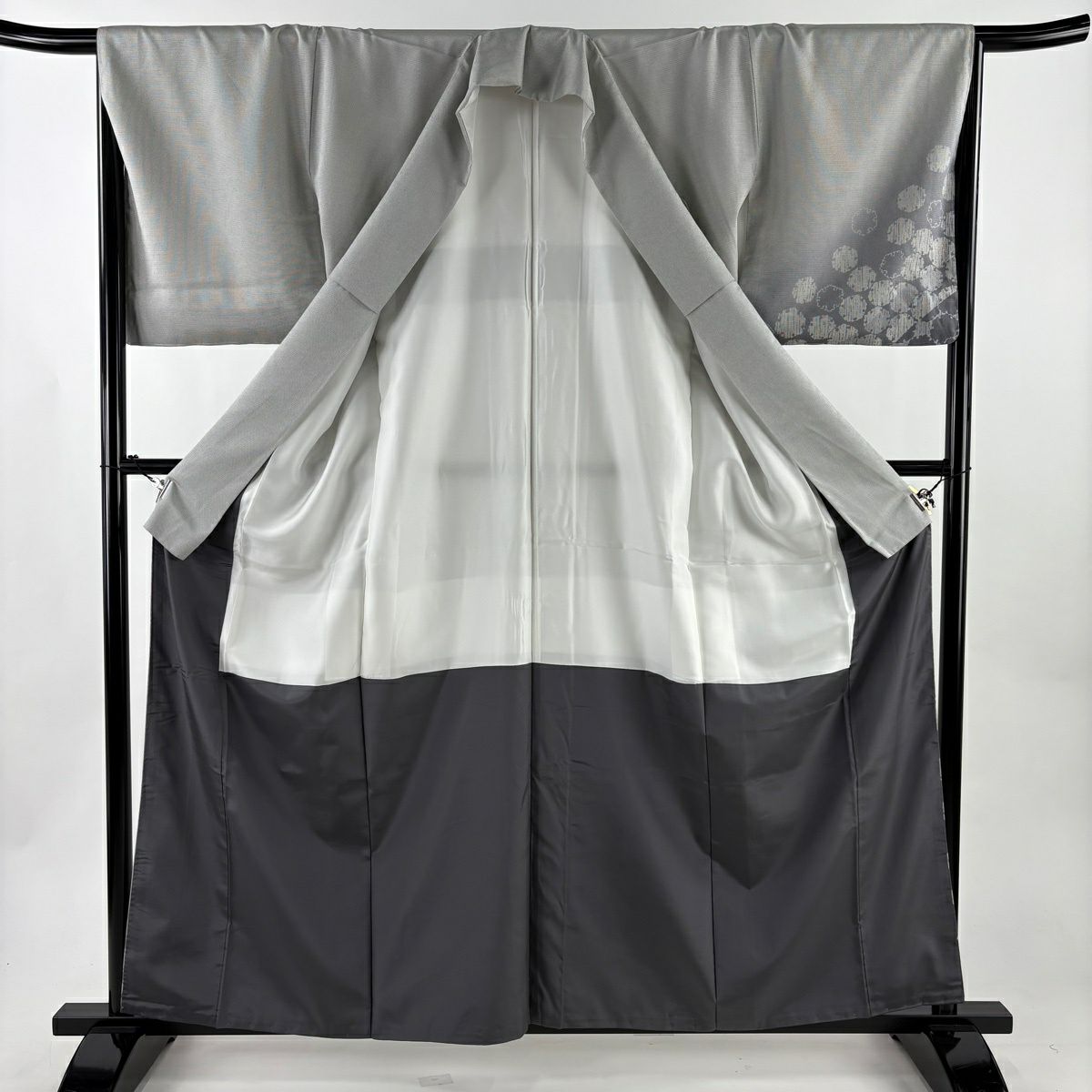 【美品】 付下 身長160cm 袖長66cm M 雙層 紬織織 雪輪 漸層 灰色 純蠶絲 名品級
