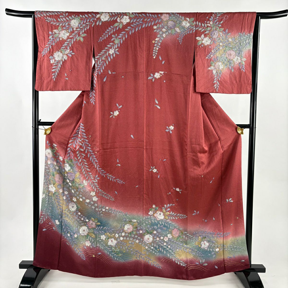 【美品】訪問服 身長162cm 袖長64.5cm M 雙層 辻花染 金彩裝飾 漸層 茜 純蠶絲 名品級