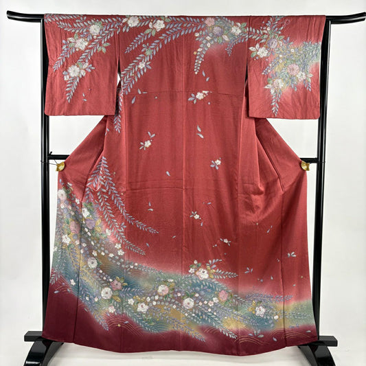 【美品】訪問服 身長162cm 袖長64.5cm M 雙層 辻花染 金彩裝飾 漸層 茜 純蠶絲 名品級