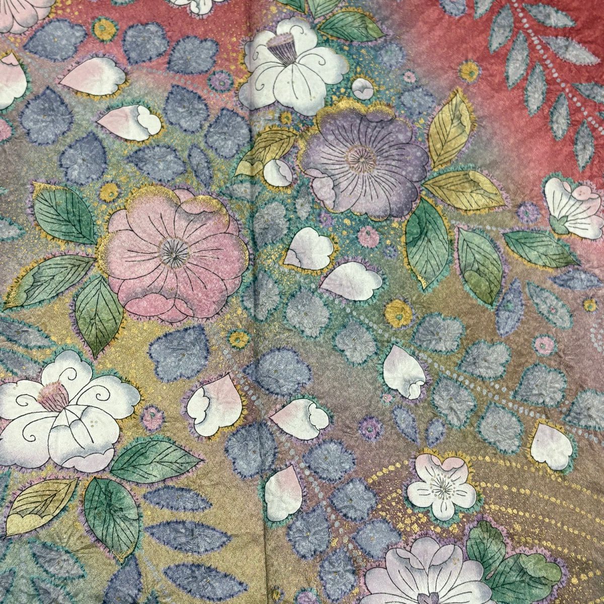 【美品】訪問服 身長162cm 袖長64.5cm M 雙層 辻花染 金彩裝飾 漸層 茜 純蠶絲 名品級