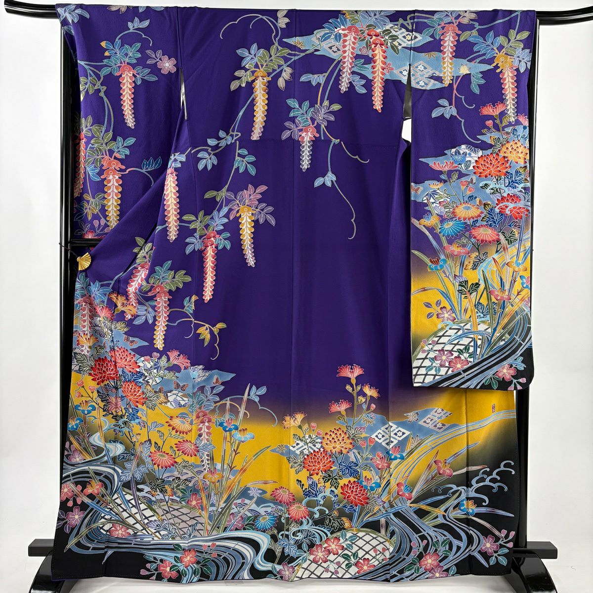 振袖禮服 身長166cm 袖長68cm L 雙層 落款 菊花 流水 染分 ぼかし 紫 純蠶絲 名品級