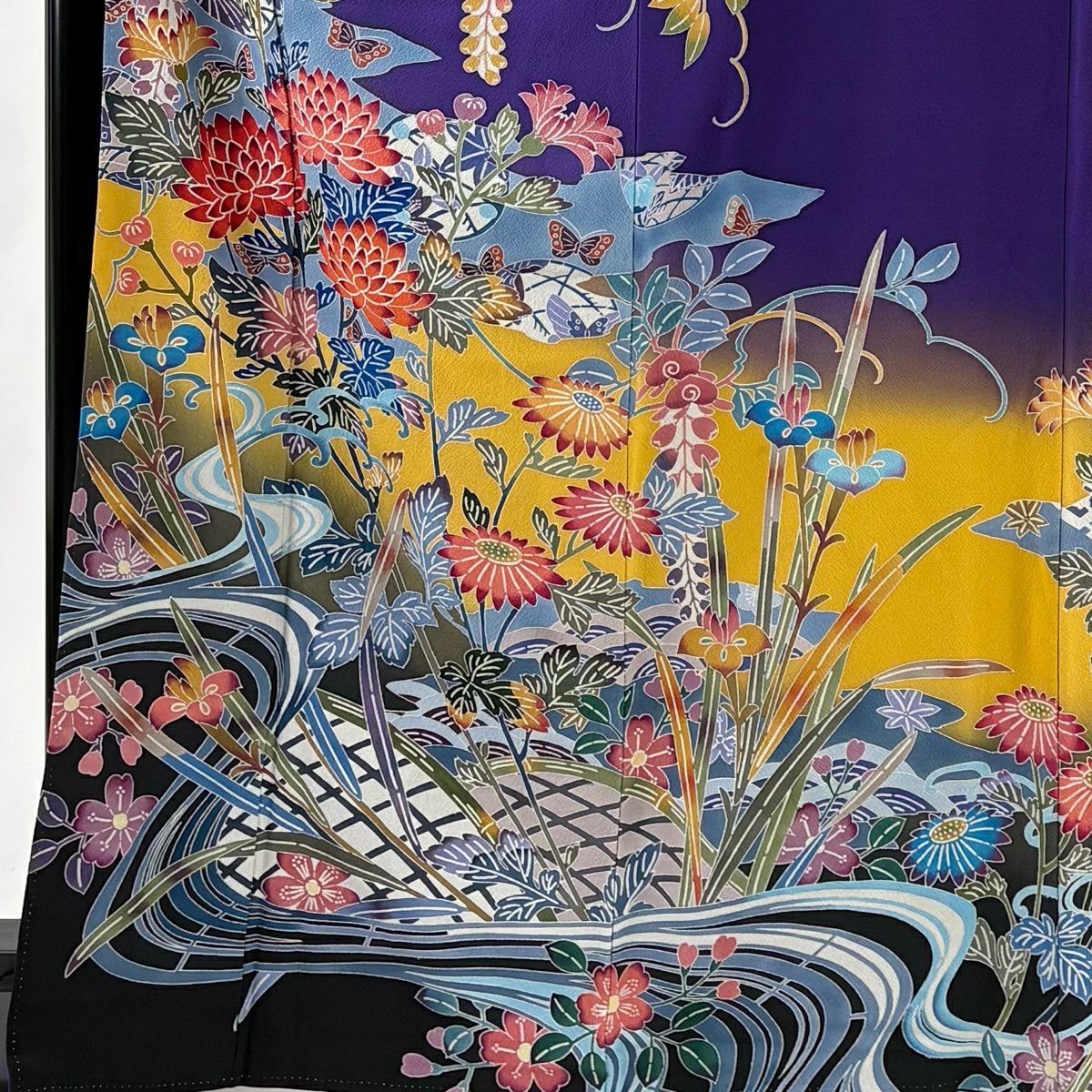 振袖禮服 身長166cm 袖長68cm L 雙層 落款 菊花 流水 染分 ぼかし 紫 純蠶絲 名品級