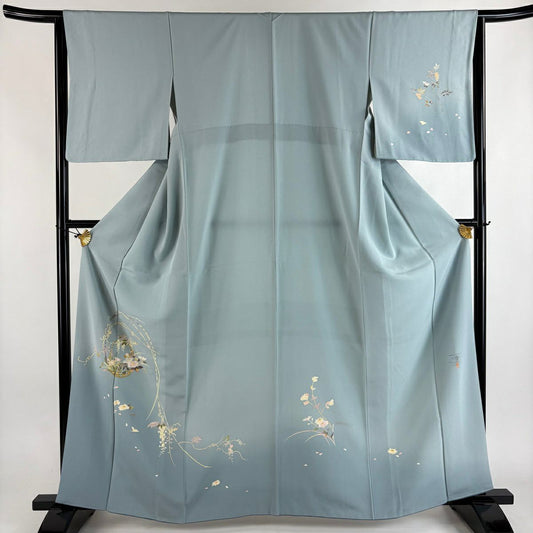 付下 身長162.5cm 袖長64.5cm M 雙層 百貫 石峰 落款 花籠 草花紋紋 漸層 青灰 純蠶絲 名品級