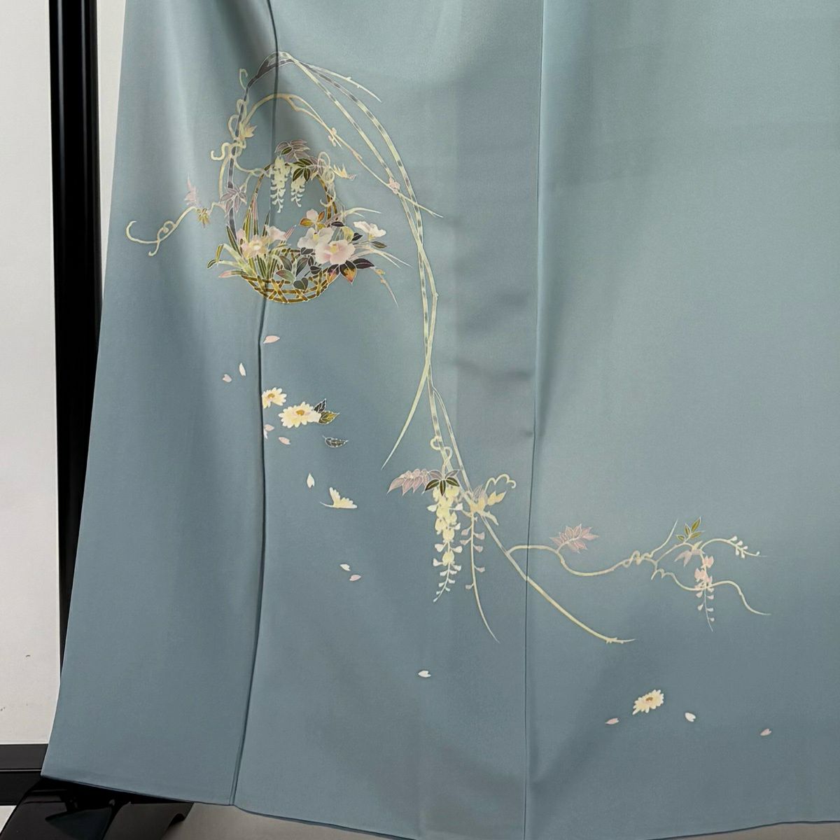 付下 身長162.5cm 袖長64.5cm M 雙層 百貫 石峰 落款 花籠 草花紋紋 漸層 青灰 純蠶絲 名品級