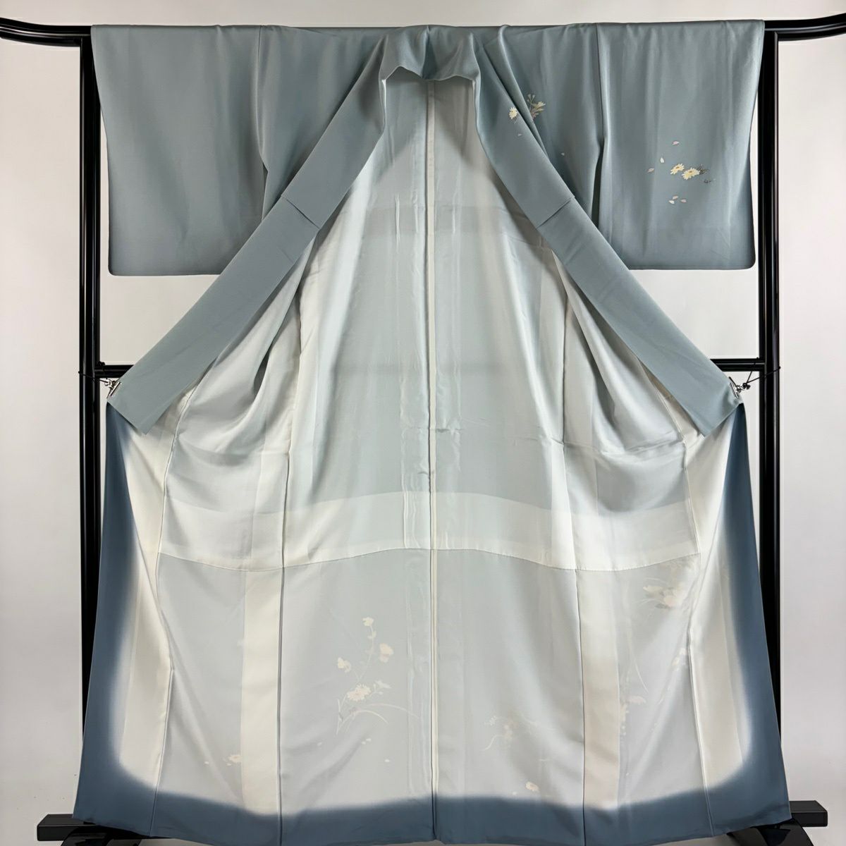 付下 身長162.5cm 袖長64.5cm M 雙層 百貫 石峰 落款 花籠 草花紋紋 漸層 青灰 純蠶絲 名品級