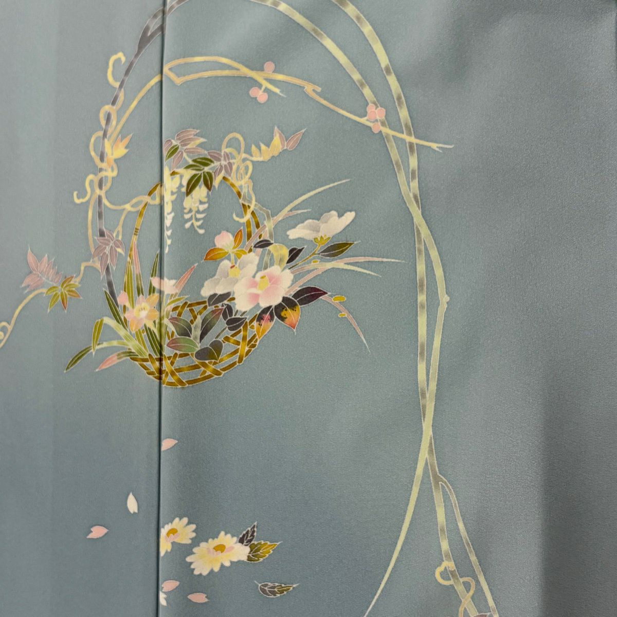 付下 身長162.5cm 袖長64.5cm M 雙層 百貫 石峰 落款 花籠 草花紋紋 漸層 青灰 純蠶絲 名品級
