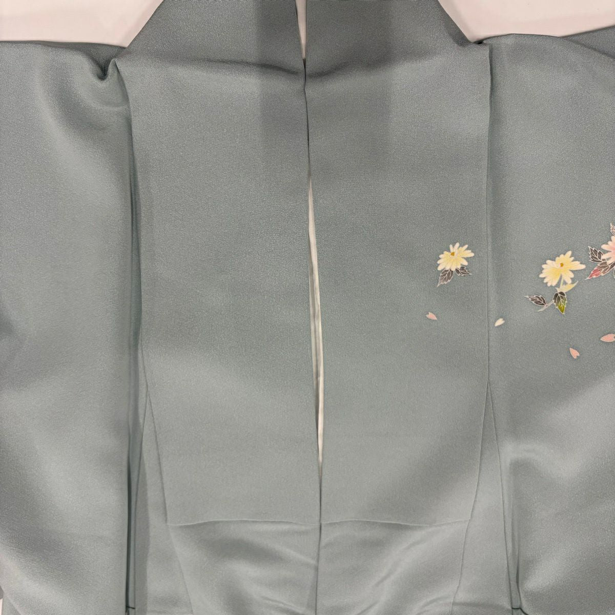 付下 身長162.5cm 袖長64.5cm M 雙層 百貫 石峰 落款 花籠 草花紋紋 漸層 青灰 純蠶絲 名品級