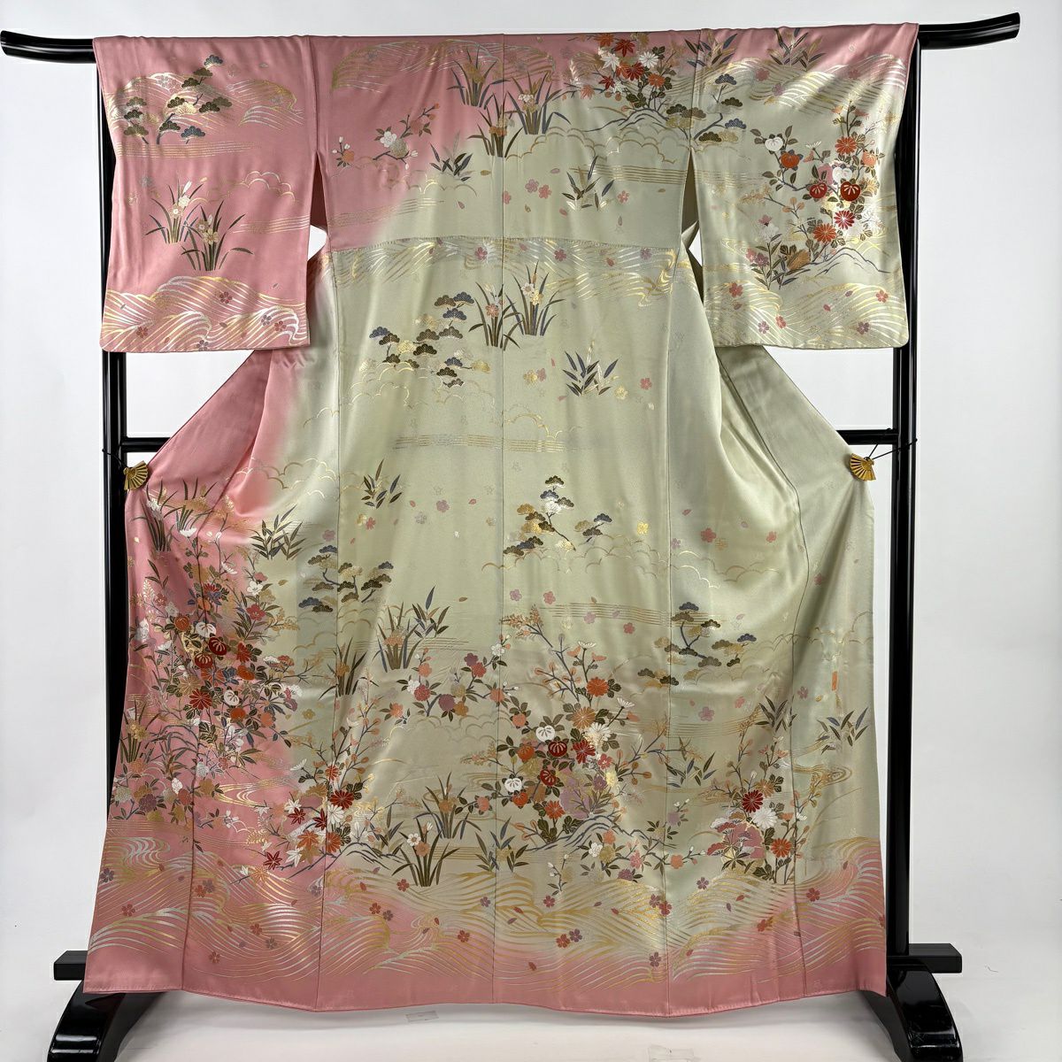 【美品】訪問服 身長166cm 袖長66cm M 雙層 草花紋紋 波 金絲 金銀彩 粉紅 純蠶絲 名品級