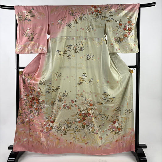 【美品】訪問服 身長166cm 袖長66cm M 雙層 草花紋紋 波 金絲 金銀彩 粉紅 純蠶絲 名品級