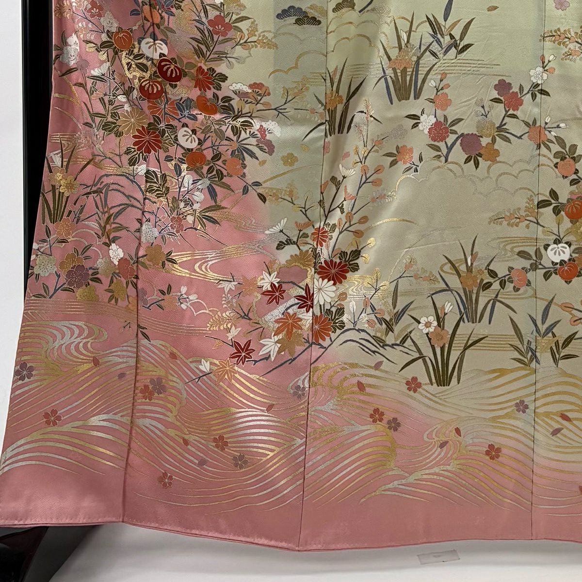 【美品】訪問服 身長166cm 袖長66cm M 雙層 草花紋紋 波 金絲 金銀彩 粉紅 純蠶絲 名品級