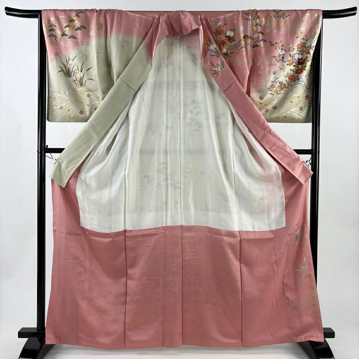【美品】訪問服 身長166cm 袖長66cm M 雙層 草花紋紋 波 金絲 金銀彩 粉紅 純蠶絲 名品級