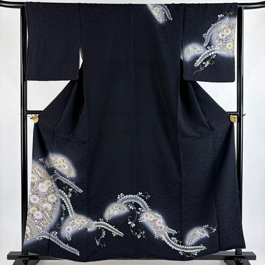 訪問服 身長160cm 袖長64cm M 雙層 辻花染 金彩裝飾 漸層 黑 純蠶絲 名品級