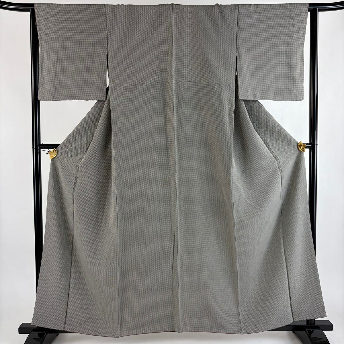 【美品】 小紋 身長158.5cm 袖長64cm M 雙層 格子 灰 純蠶絲 名品級
