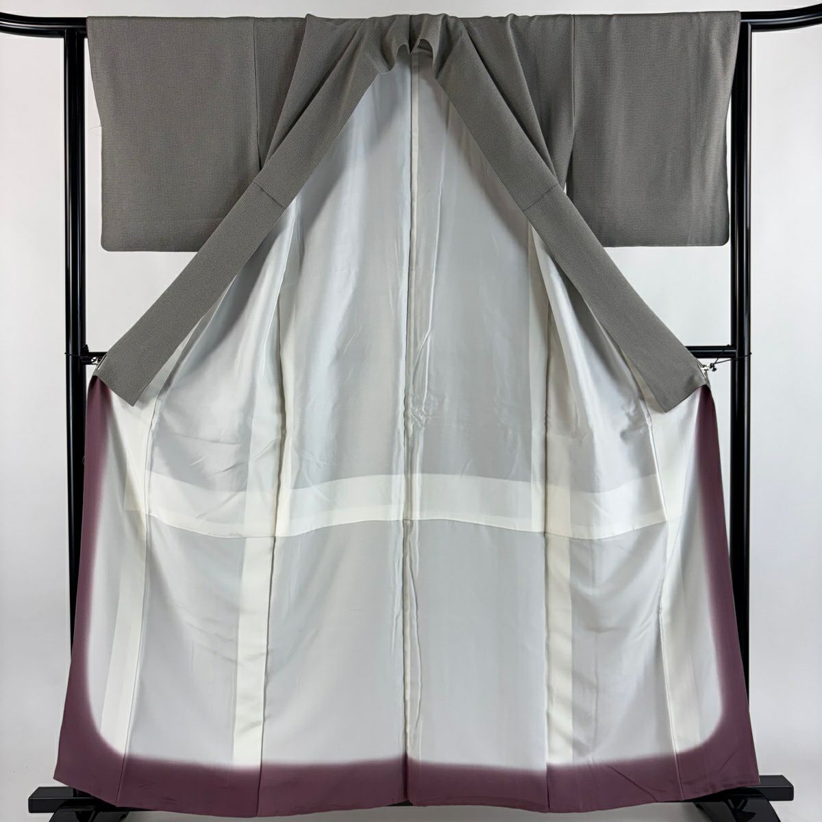 【美品】 小紋 身長158.5cm 袖長64cm M 雙層 格子 灰 純蠶絲 名品級