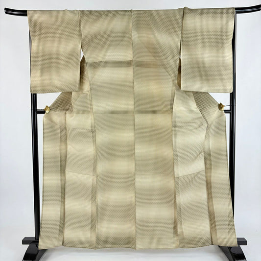 【美品】 紬織 身長164cm 袖長68cm L 薄物 幾何圖案 米色 純蠶絲 名品級