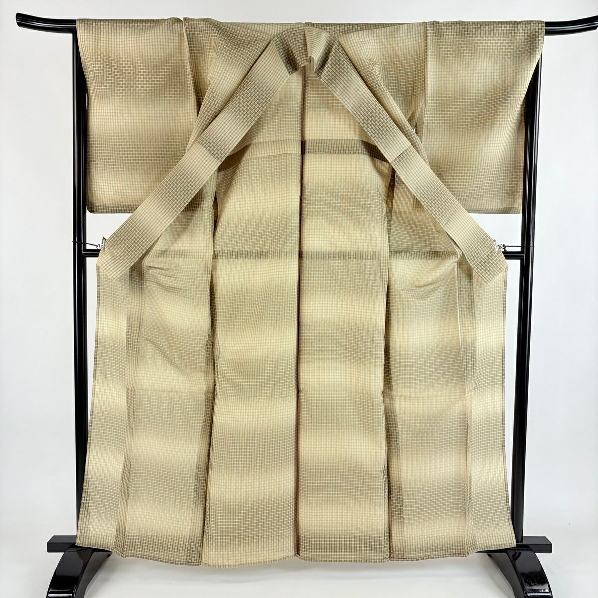 【美品】 紬織 身長164cm 袖長68cm L 薄物 幾何圖案 米色 純蠶絲 名品級