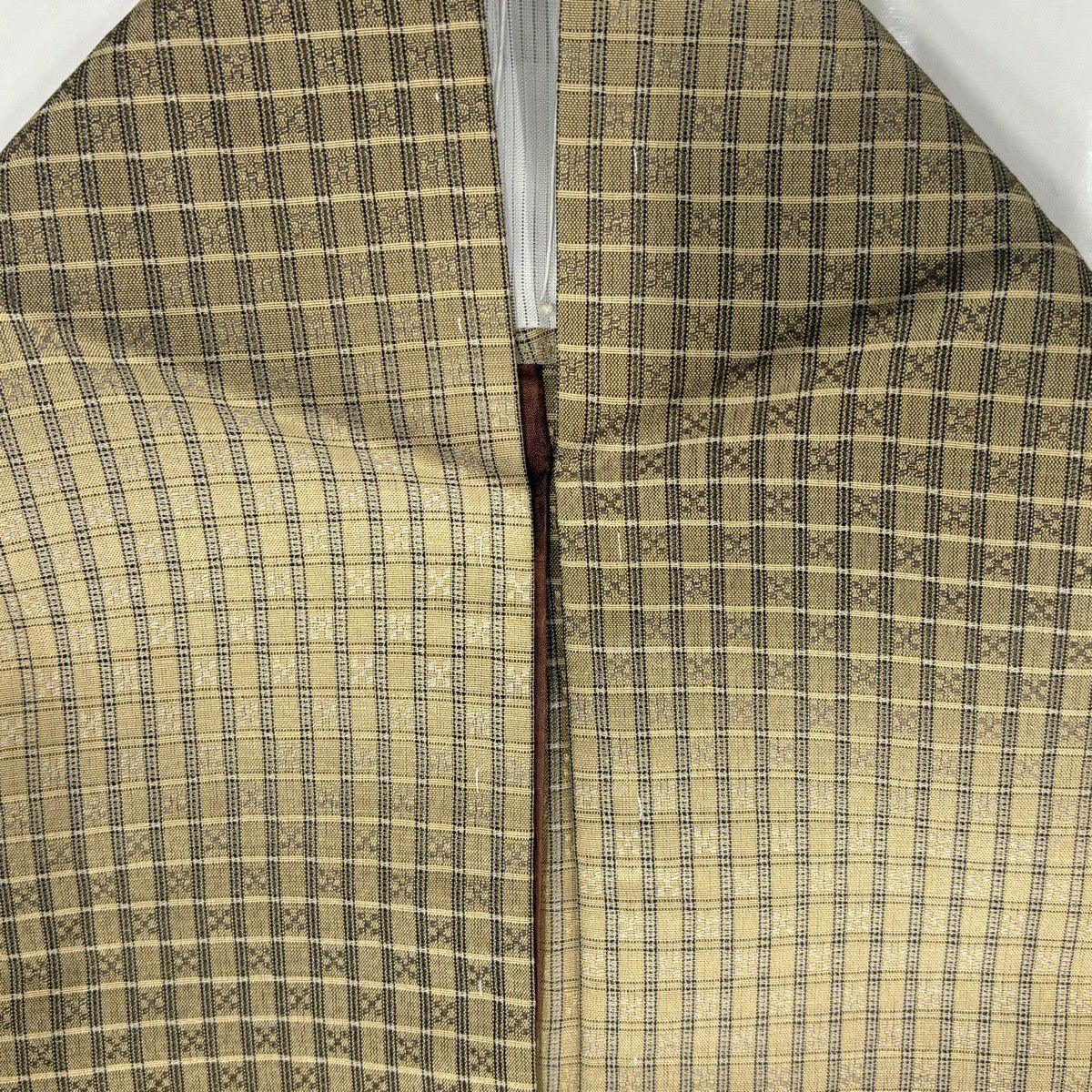 【美品】 紬織 身長164cm 袖長68cm L 薄物 幾何圖案 米色 純蠶絲 名品級
