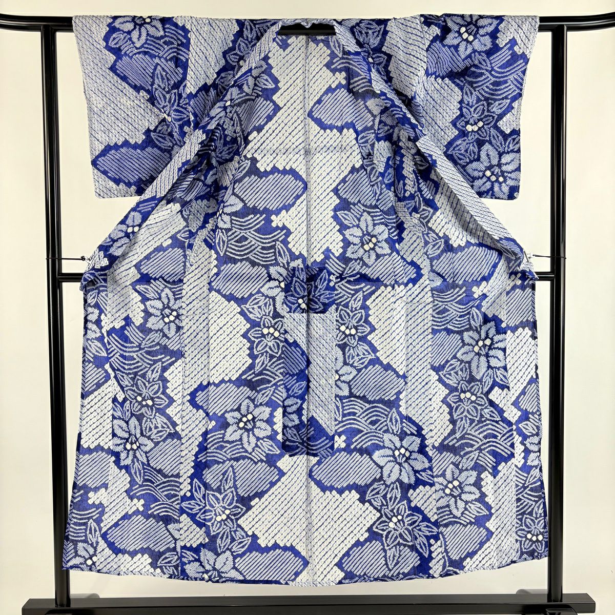 浴衣 身長152.5cm 袖長60cm S 絞染浴衣 草花紋紋 波紋 青 純棉 名品級