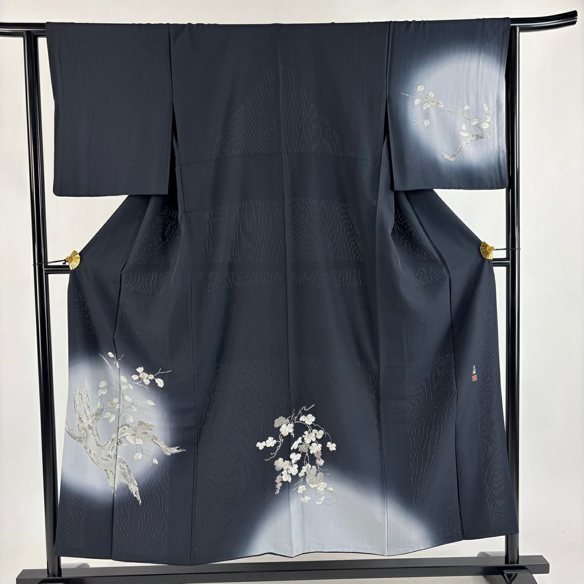 付下 身長153.5cm 袖長63cm S 雙層 松樹尾光琳 有落款 栗鼠圖 金銀彩 漸層 黑 純蠶絲 名品級