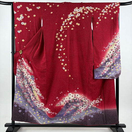 【美品】振袖禮服 身長154cm 袖長66cm M 雙層 櫻花 手毬 銀通 銀銀彩 紅 純蠶絲 名品級