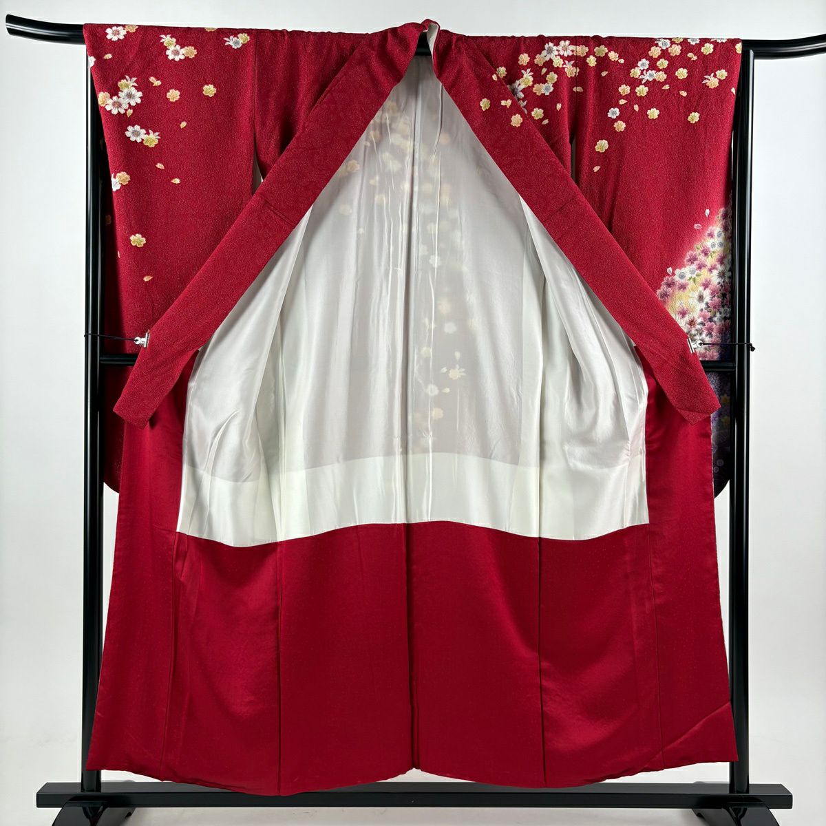 【美品】振袖禮服 身長154cm 袖長66cm M 雙層 櫻花 手毬 銀通 銀銀彩 紅 純蠶絲 名品級