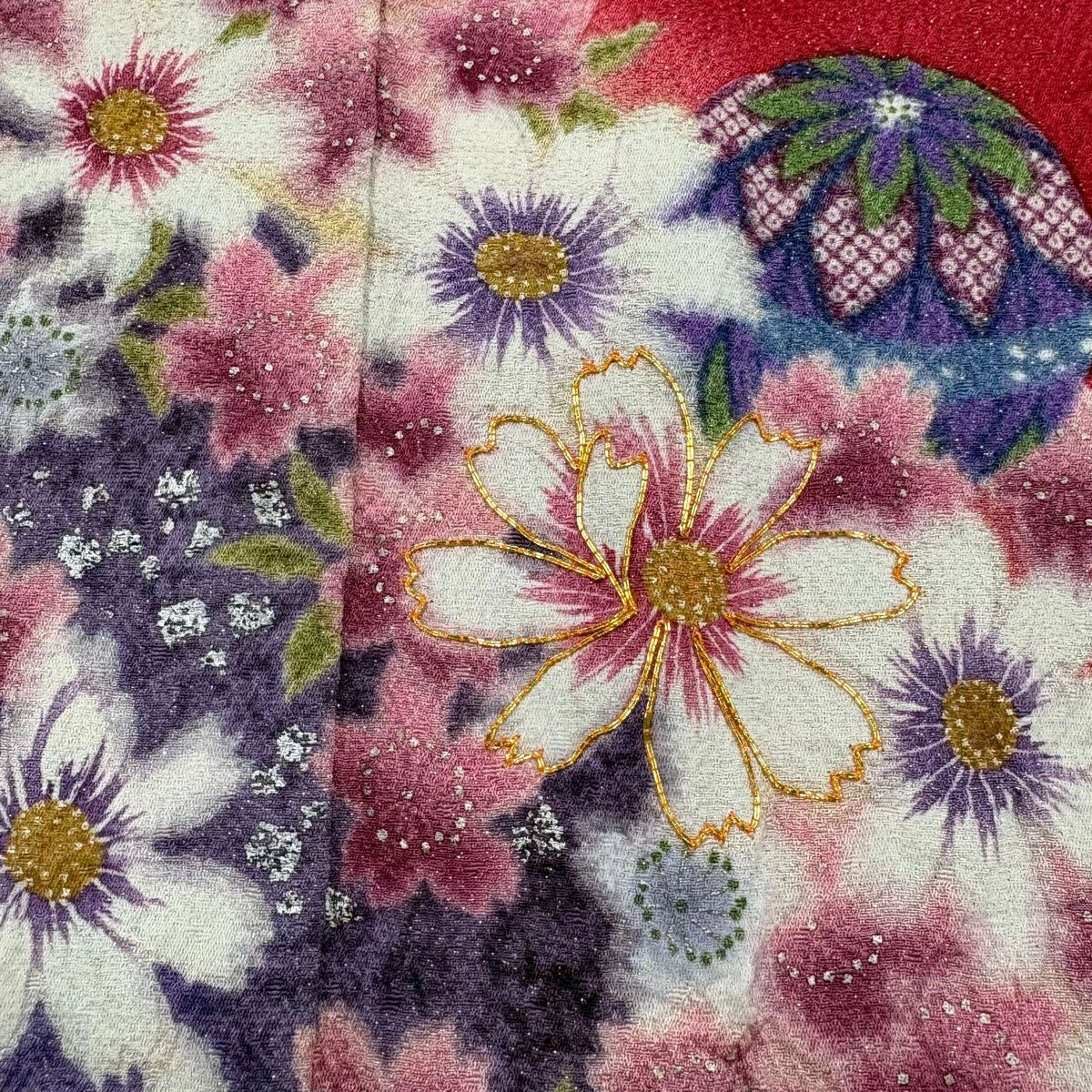 【美品】振袖禮服 身長154cm 袖長66cm M 雙層 櫻花 手毬 銀通 銀銀彩 紅 純蠶絲 名品級